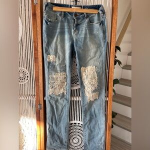 Sundance ivory lace patchwork magnolia blue jeans denim women’s 28